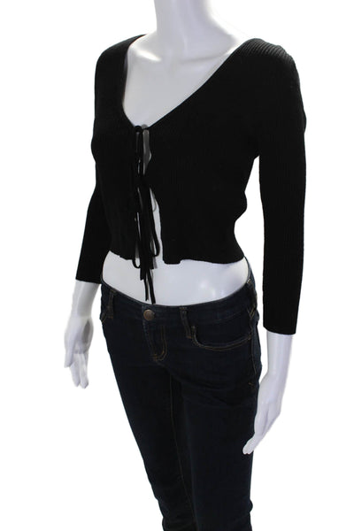 Danielle Bernstein Womens Ribbed Long Sleeve Tie Front Blouse Black Size S