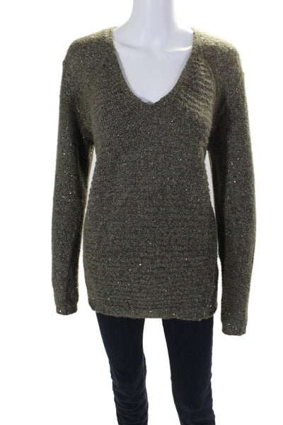 Gerard Darel Womens Sequined Long Sleeves Pullover V Neck Sweater Gray Size 4