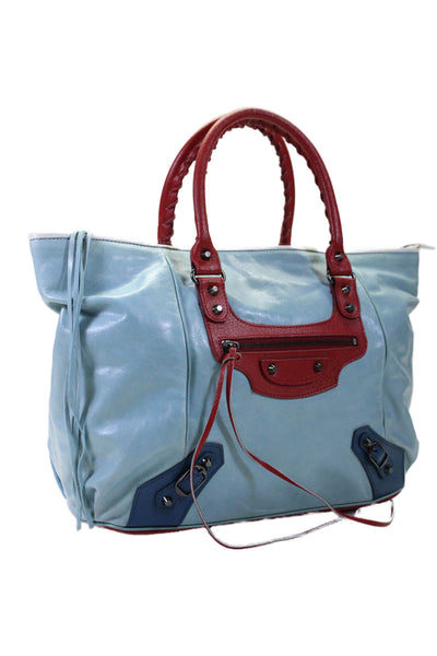 Balenciaga Paris Womens Leather Tri Color Classic City Tote Handbag Blue Red