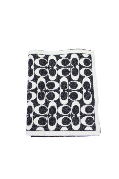 Coach Womens Metallic Monogram Knitted Scarf White Black 48"x8"