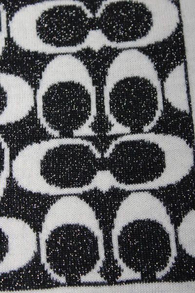 Coach Womens Metallic Monogram Knitted Scarf White Black 48"x8"