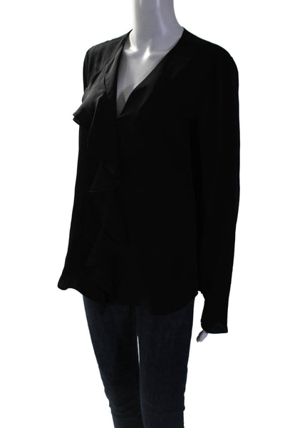 Theory Womens Long Sleeve Ruffled V Neck Silk Blouse Top Black Size Small