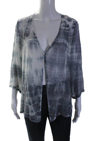 Gypsy 05 Womens Single Button 3/4 Sleeve V Neck Silk Abstract Top Gray Small