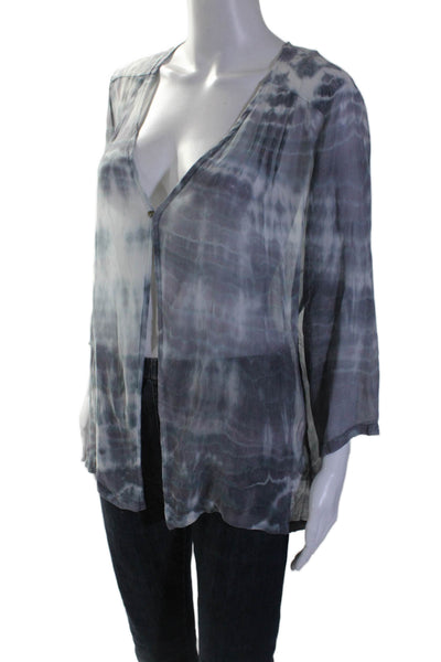 Gypsy 05 Womens Single Button 3/4 Sleeve V Neck Silk Abstract Top Gray Small