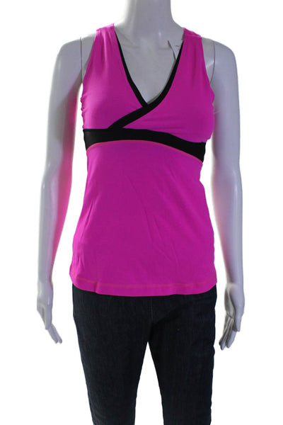 Lululemon Womens V Neck Stretch Knit Athletic Tank Top Neon Pink Black Size 6