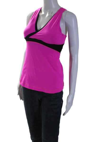 Lululemon Womens V Neck Stretch Knit Athletic Tank Top Neon Pink Black Size 6