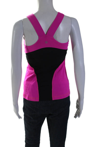 Lululemon Womens V Neck Stretch Knit Athletic Tank Top Neon Pink Black Size 6