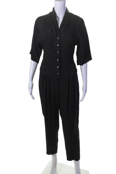 Nicole Miller Womens Black Textured Short Sleeve Tapered Leg Jumpsuit Size 2