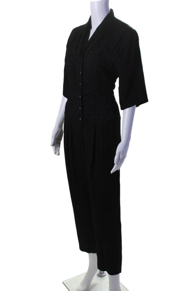 Nicole Miller Womens Black Textured Short Sleeve Tapered Leg Jumpsuit Size 2