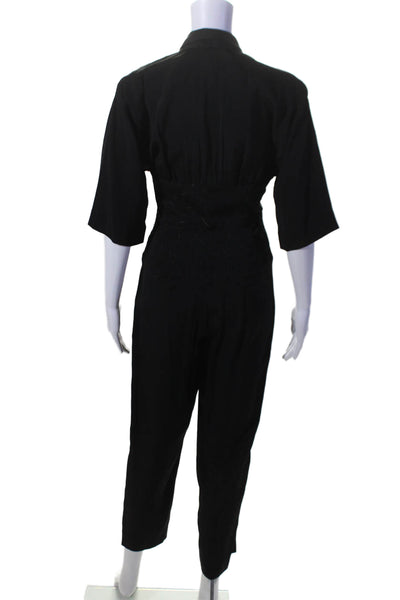 Nicole Miller Womens Black Textured Short Sleeve Tapered Leg Jumpsuit Size 2