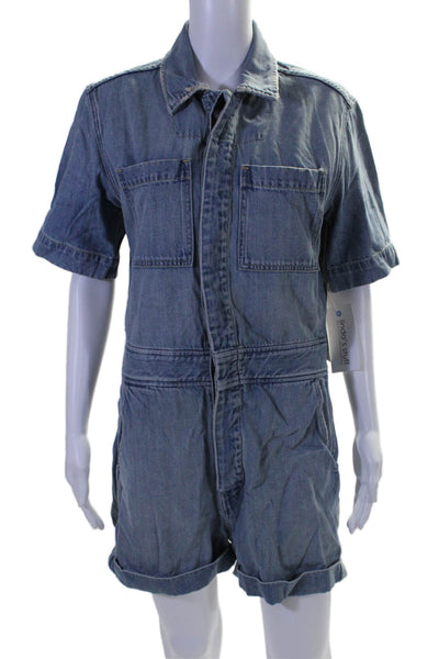 Amo Womens Cotton Short Sleeve Collar Button Shorts Denim Romper Blue Size S
