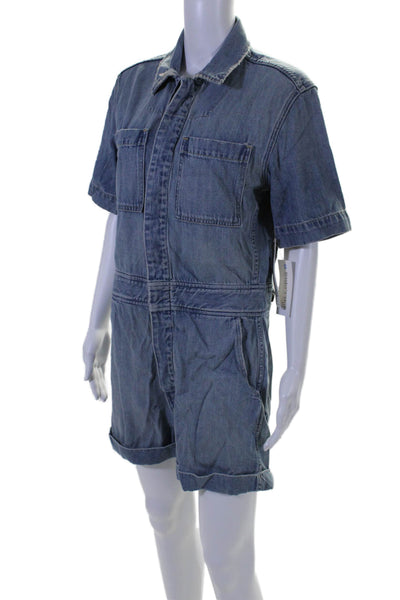 Amo Womens Cotton Short Sleeve Collar Button Shorts Denim Romper Blue Size S