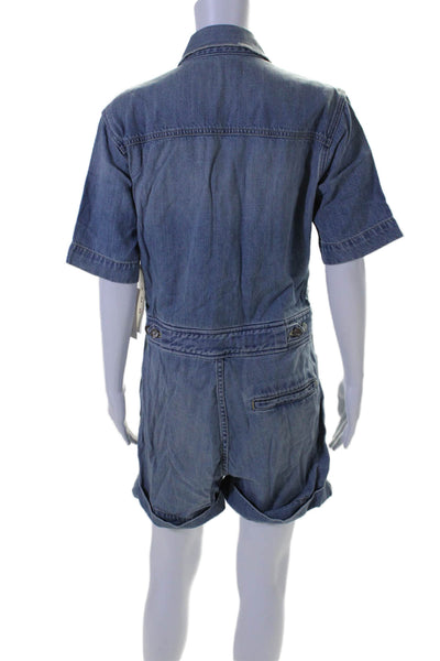 Amo Womens Cotton Short Sleeve Collar Button Shorts Denim Romper Blue Size S