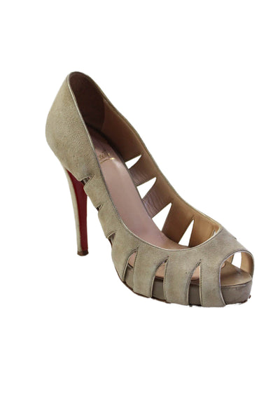 Christian Louboutin Womens Suede Cut Out Peep Toe Pumps Beige Size 37.5 7.5