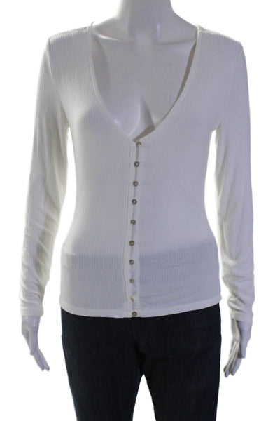 BB Dakota Steve Madden Womens White V-Neck Button Front Ribbed Knit Top Size S