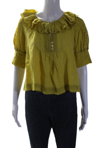 Sea New York Womens Cotton Yellow Eyelet Frill Crew Neck Blouse Top Size 2