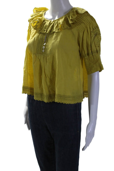 Sea New York Womens Cotton Yellow Eyelet Frill Crew Neck Blouse Top Size 2