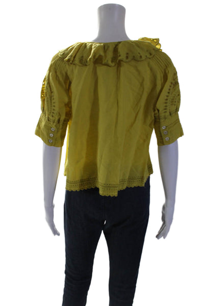 Sea New York Womens Cotton Yellow Eyelet Frill Crew Neck Blouse Top Size 2