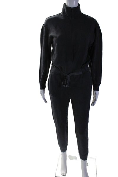 Monrow Womens Black Half Zip Tie Waist Long Sleeve Tapered Jumpsuit Size S