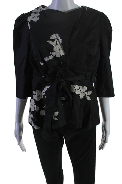 Elevenses Anthropologie Womens Cotton Belted Button Up Jacket Black Size 12