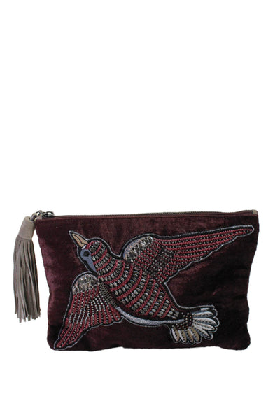 Sam Edelman Womens Embroidered Beaded Bird Graphic Clutch Handbag Burgundy Red