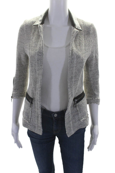 Drew Womens Cotton Blend Gray Leather Trim Open Front 3/4 Sleeve Blazer Size XS