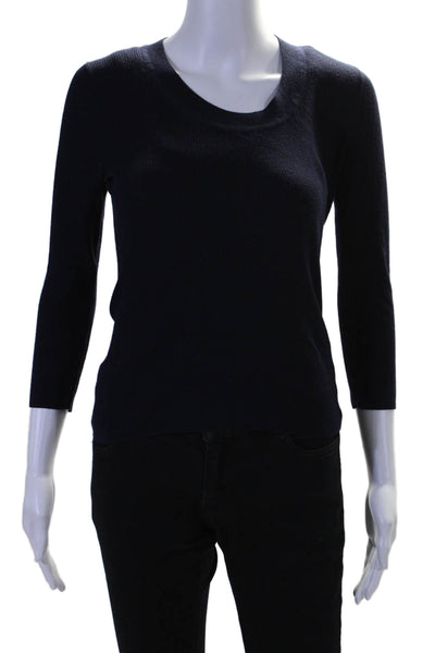 Theory Womens Wool Long Sleeve Scoop Neck Ribbed Top Navy Size P