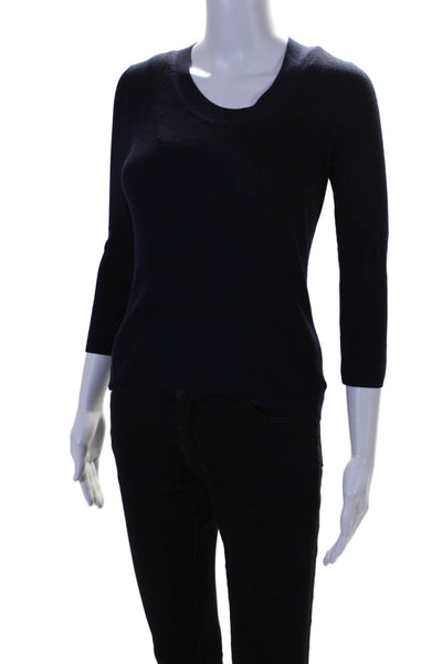 Theory Womens Wool Long Sleeve Scoop Neck Ribbed Top Navy Size P