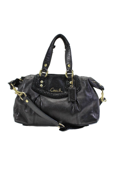 Coach Womens Black Leather Suede Textured Zip Medium Satchel Bag Handbag