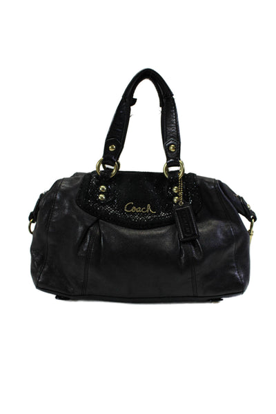 Coach Womens Black Leather Suede Textured Zip Medium Satchel Bag Handbag