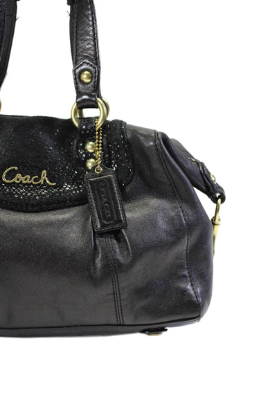 Coach Womens Black Leather Suede Textured Zip Medium Satchel Bag Handbag