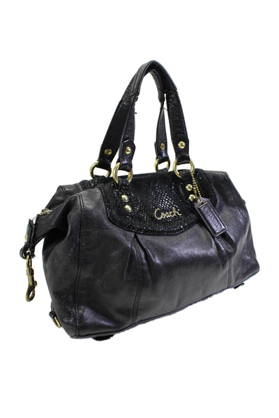 Coach Womens Black Leather Suede Textured Zip Medium Satchel Bag Handbag