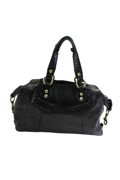 Coach Womens Black Leather Suede Textured Zip Medium Satchel Bag Handbag