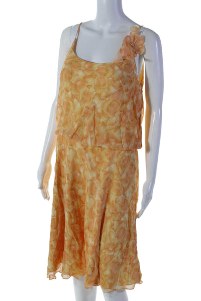 Kay Unger Womens Silk Yellow Orange Floral Print Sleeveless Shift Dress Size 14