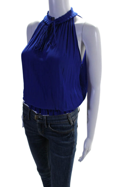 Ramy Brook Womens Sleeveless V Neck Ruffle Trim Blouse Cobalt Blue Size XS