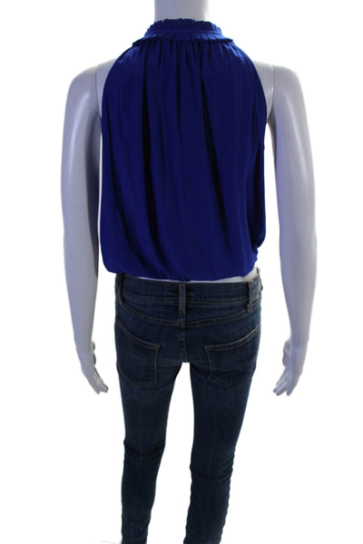 Ramy Brook Womens Sleeveless V Neck Ruffle Trim Blouse Cobalt Blue Size XS