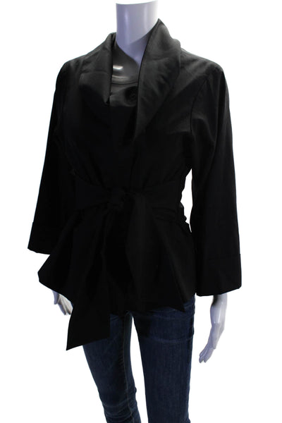Theory Womens Wool Waist Tie Snap Button Collared Long Sleeved Coat Black Size S