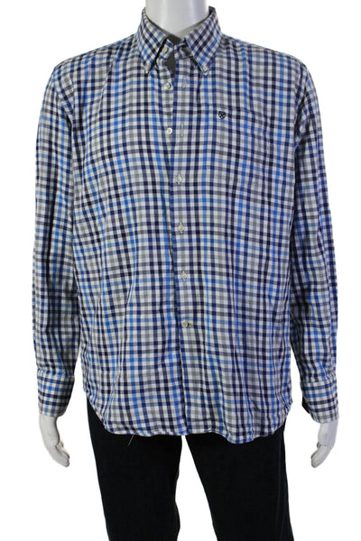 Barbour Mens Plaid Regular Fit Button Down Dress Shirt Blue White Size Medium