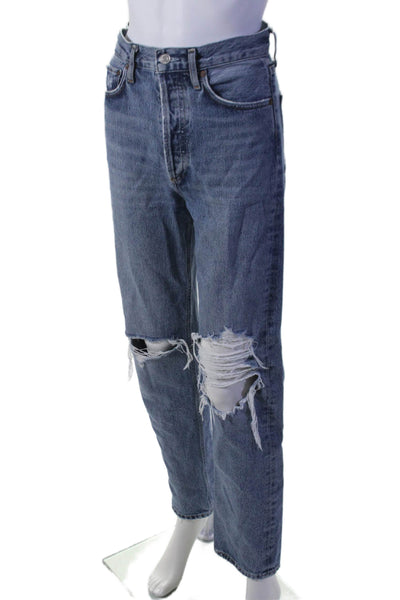 Agolde Women's High Waist Distress Medium Wash Straight Leg Denim Pants Size 24