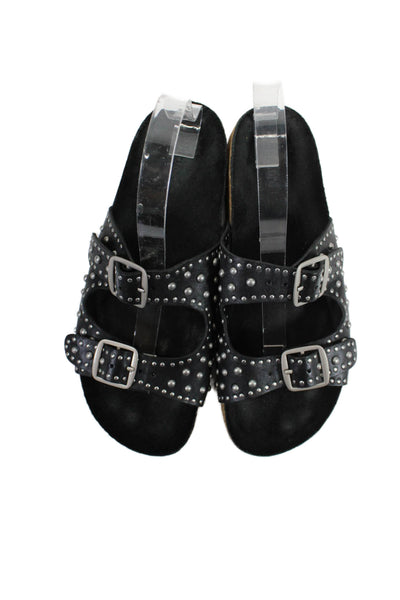 Hartford Womens Leather Studded Double Buckle Sandals Black Size 8