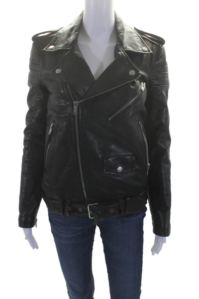 BLK DNM Womens Leather Textured Zip Belted Motorcycle Jacket Black Size XS