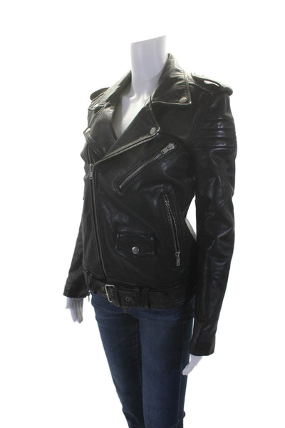 BLK DNM Womens Leather Textured Zip Belted Motorcycle Jacket Black Size XS