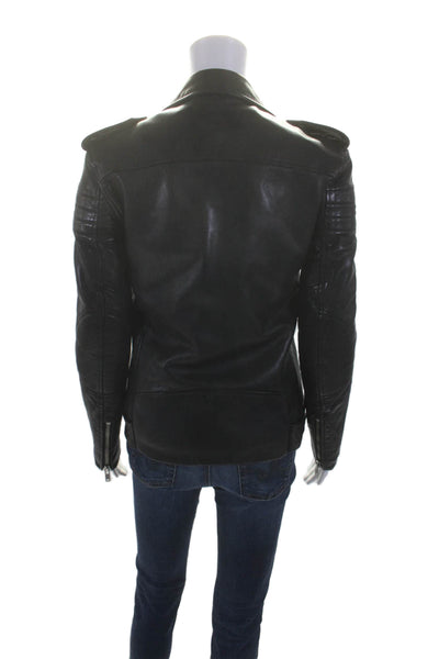 BLK DNM Womens Leather Textured Zip Belted Motorcycle Jacket Black Size XS