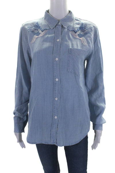 Rails Womens Textured Collar Long Sleeve Graphic Print Denim Blouse Blue Size S