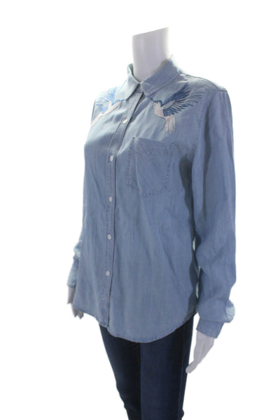 Rails Womens Textured Collar Long Sleeve Graphic Print Denim Blouse Blue Size S