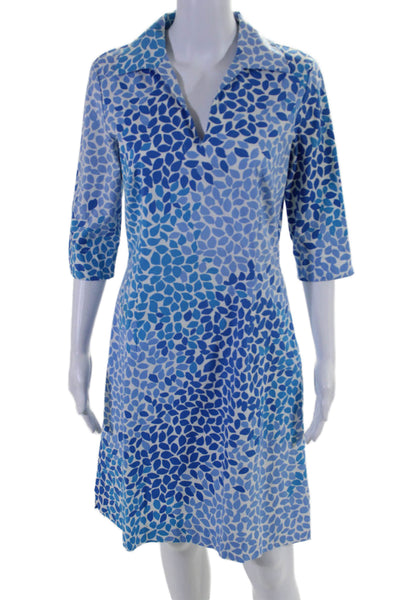 J. Mclaughlin Womens Printed Collared Long Sleeves Dress White Blue Cotton Size