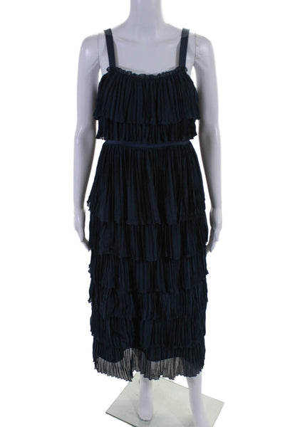 Cinq A Sept Womens Accordion Pleat Sleeveless Tiered Dress Navy Blue Size 0