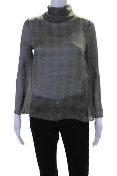 Saint Laurent Womens Silk Long Sleeve High Neck Plaid Blouse Gray Size 34