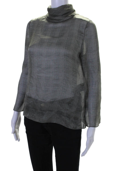 Saint Laurent Womens Silk Long Sleeve High Neck Plaid Blouse Gray Size 34