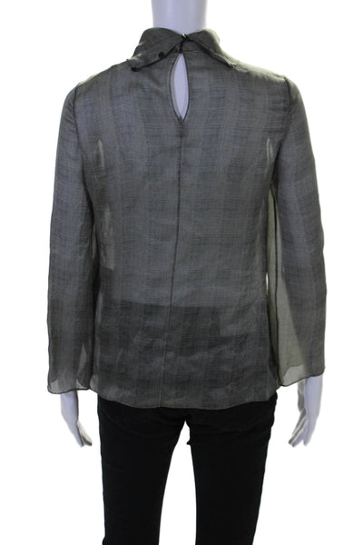 Saint Laurent Womens Silk Long Sleeve High Neck Plaid Blouse Gray Size 34